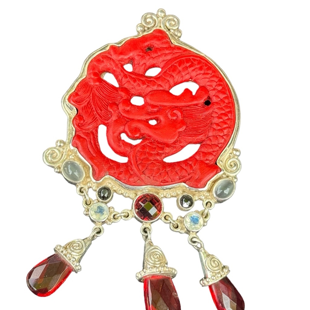 RARE Sajen 925 Sterling silver brooch pendant Garnet cinnabar moonstone - Picture 6 of 8